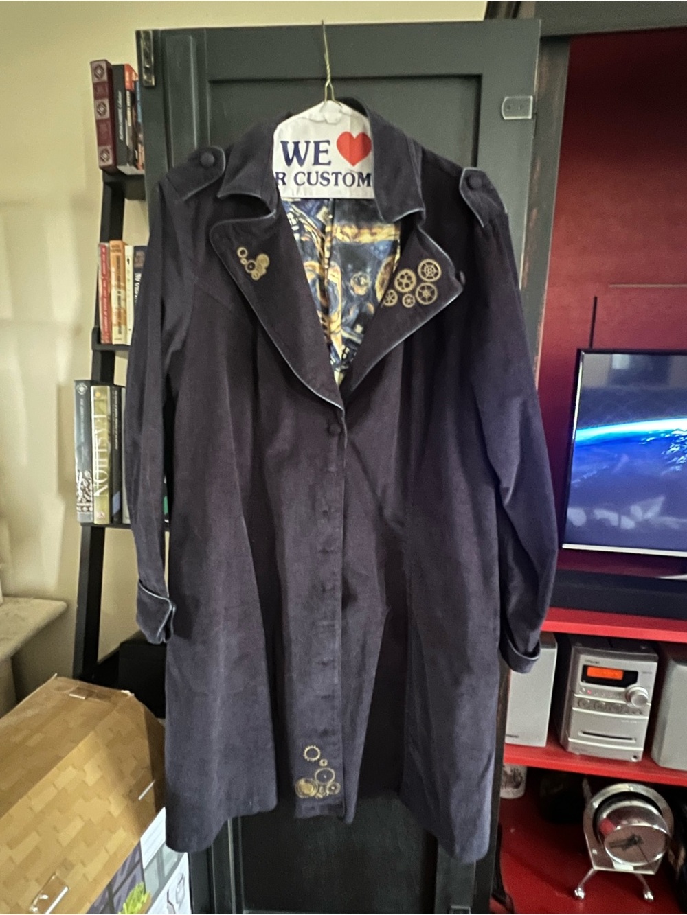 Hot Topic Navy Blue Trench Coat with Gear Appliqués